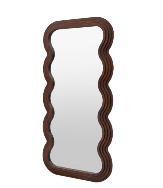 Modern Wavy-Edge Brown Wood Leaner / Floor Mirror - Large