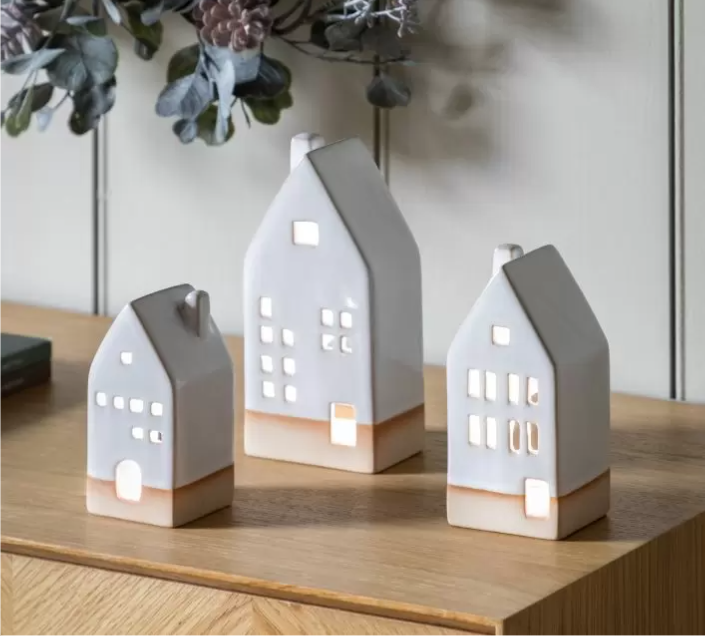 Pearly White Ceramic Tealight Houses 3pk 