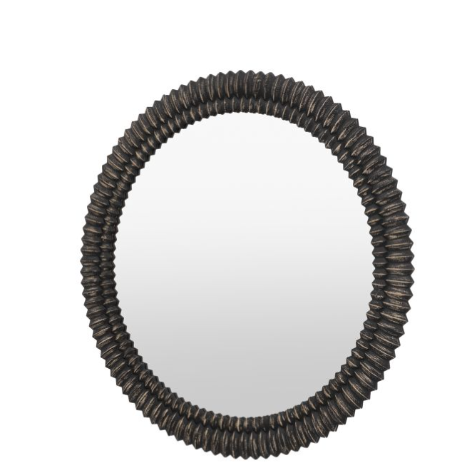 Contemporary Black Washed Textured Wood Round Wall Mirror - 90cm