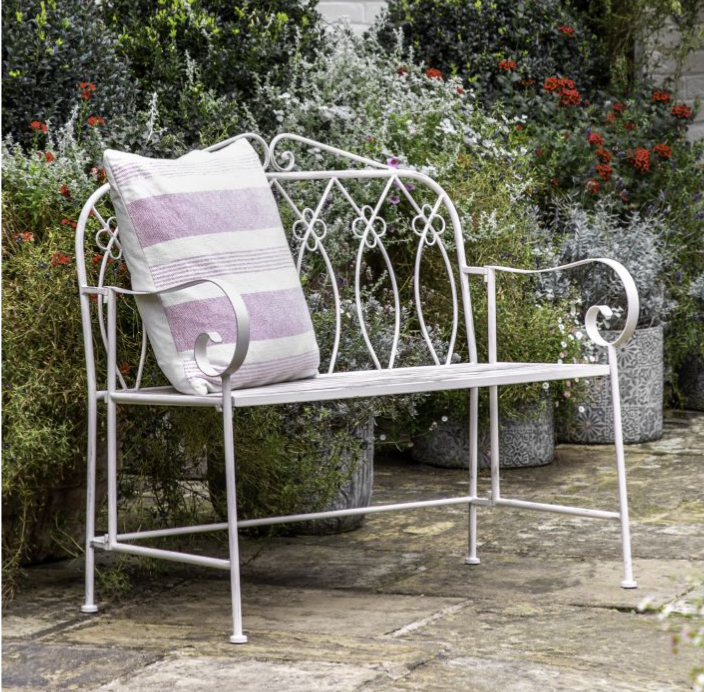 Morton Outdoor Metal Bench, Ornate, Distressed White