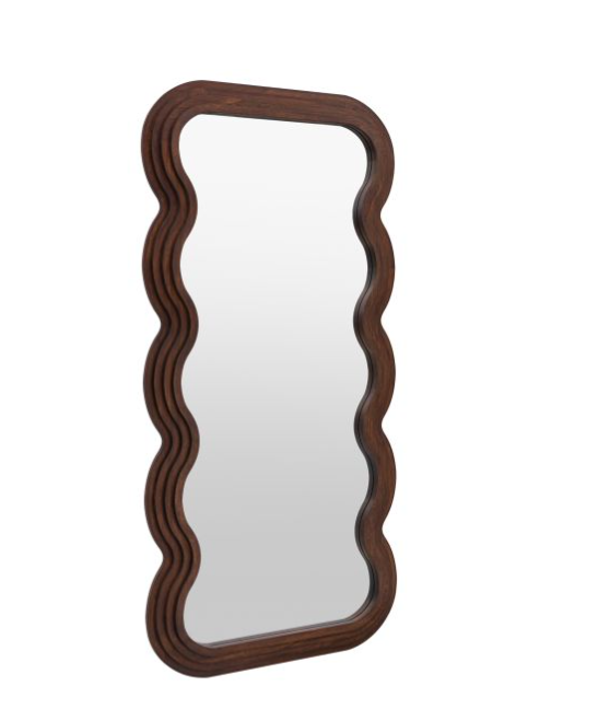 Modern Wavy-Edge Brown Wood Leaner / Floor Mirror - Large