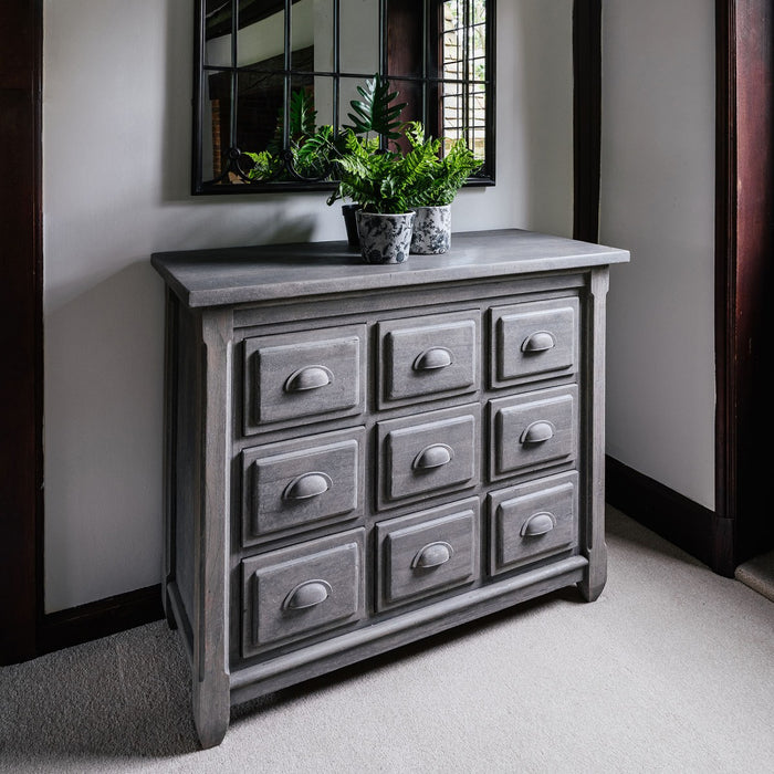 Berkeley Nine Chest Drawer, Distressed Grey, Recycled White Pine