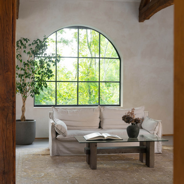 Modern Rustic White Pine Coffee Table with Tempered Glass Top