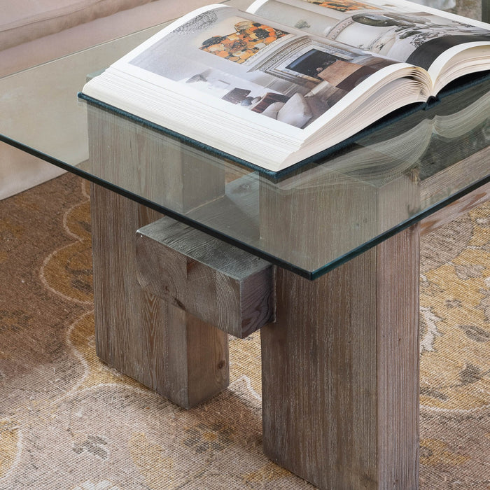 Modern Rustic White Pine Coffee Table with Tempered Glass Top