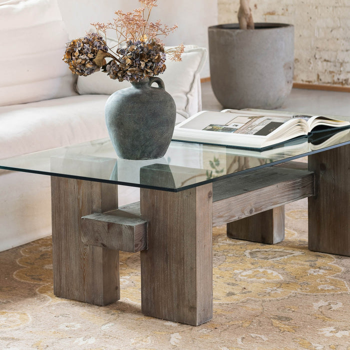 Modern Rustic White Pine Coffee Table with Tempered Glass Top