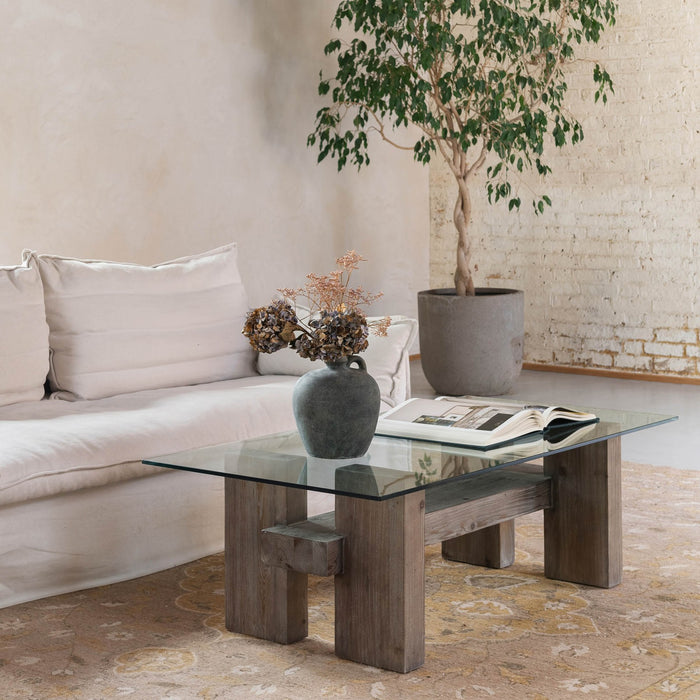 Modern Rustic White Pine Coffee Table with Tempered Glass Top