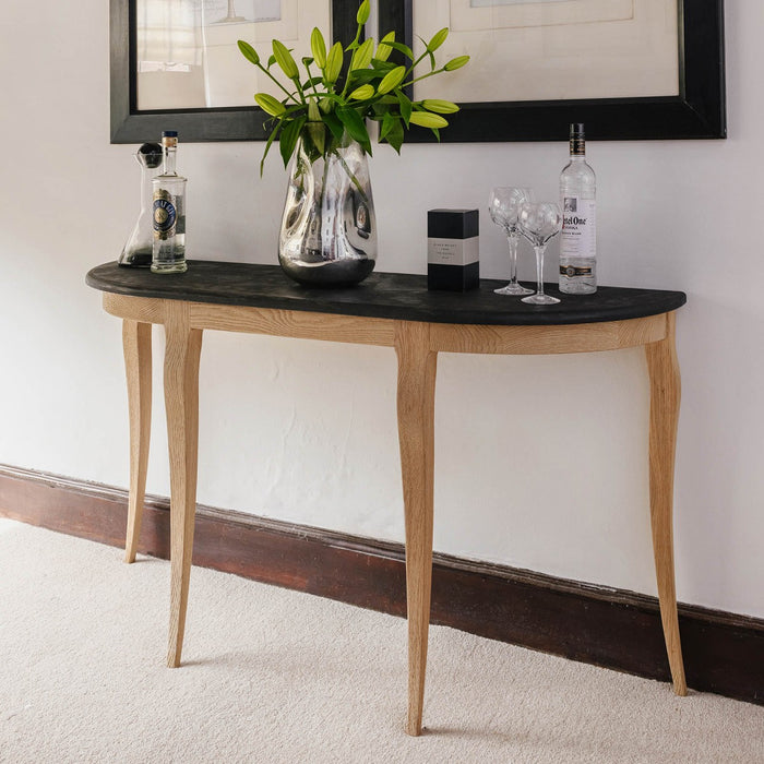 Berkeley Console Table, Oak, Stone Top, Half Moon 