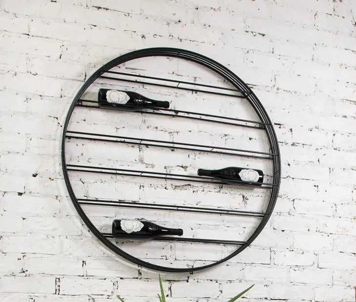 Black Circular Metal Wall Wine Rack – Holds 12 Bottles