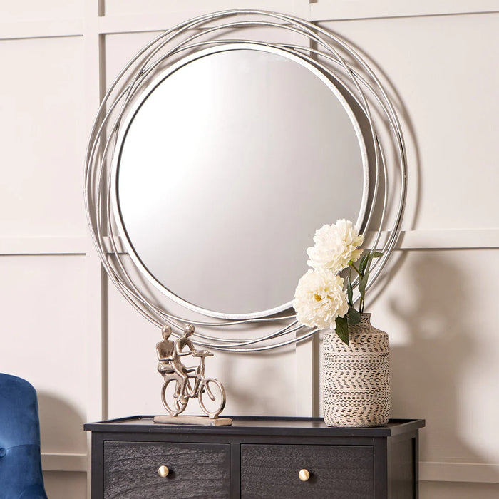 Striking Antique Silver Metal Swirl Round Wall Mirror with Sculptural Frame – 90cm