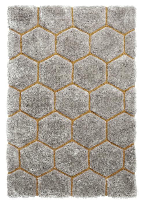 Modern Grey & Yellow Honeycomb Rug – Textured Hexagonal Design, Plush Shag Pile – Multiple Sizes