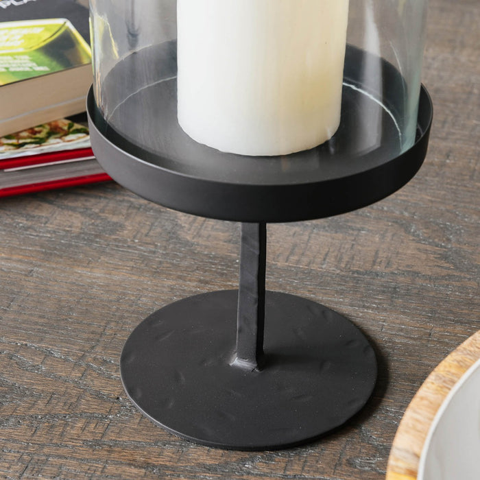 Berkeley Candle Holders, Glass Hurricane, Small, Black Iron 