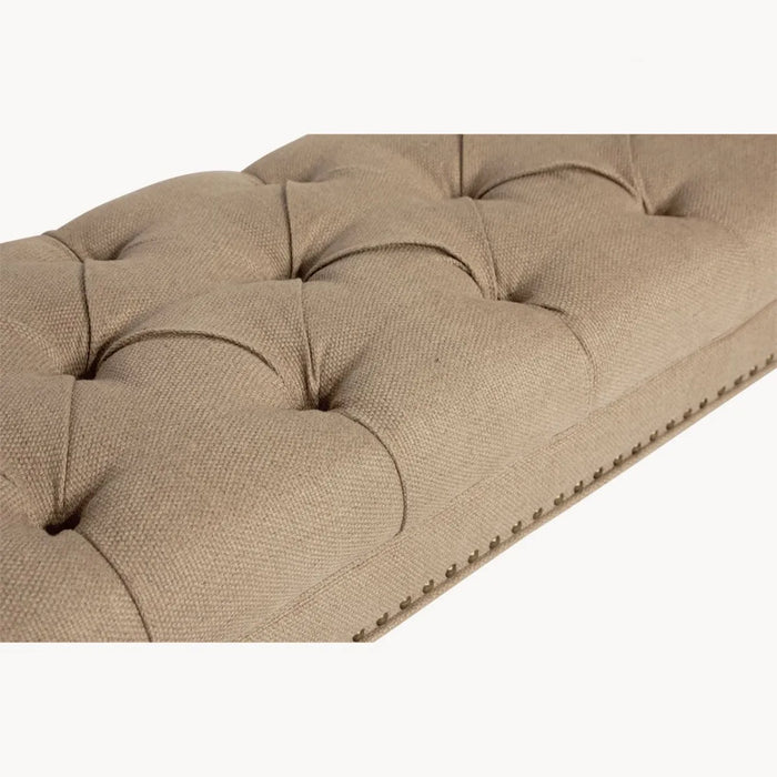 Liberty Bench, Beige Button Tufted Fabric, Natural Wood Legs ( Due Back In 29/08/24 )