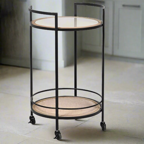 Round Drinks Trolley, Metal Frame, Rattan Shelf, Glass Top, Lockable Wheel