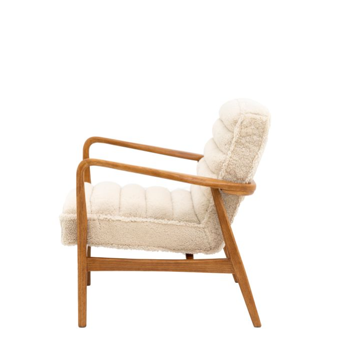 Cream Sheepskin Upholstered Armchair with Curved Wooden Frame ( Due In 12/12/24 )