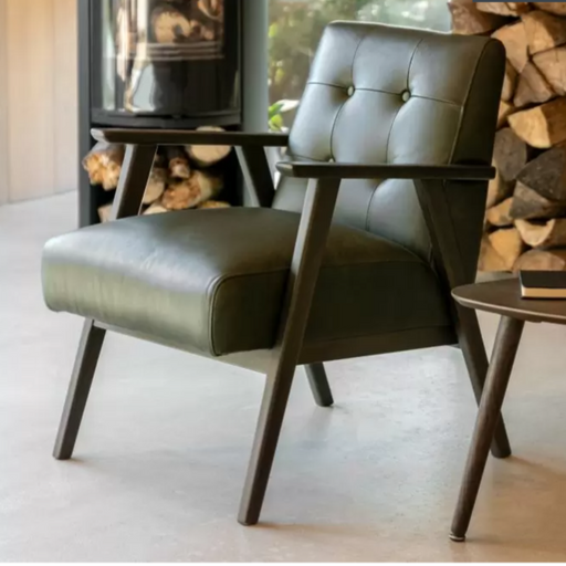 Heritage Green Leather Accent Chair – MidCentury Design with Ash Wood Frame  