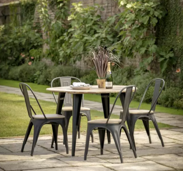 Ponza Outdoor Garden Dining Table, Round, Natural Acadia Wood, Black Metal Legs