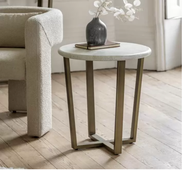 Modern Off-White Stone Side Table – Bronzed Brass Frame & Contemporary Style - Decor interiors