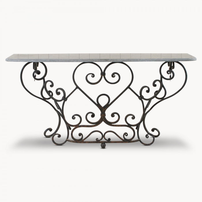 Hudson Console Table, Black Iron, Stone Top, Railing 