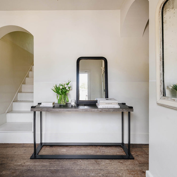 Hudson Console Table, Oak, Black Iron, Stone Top