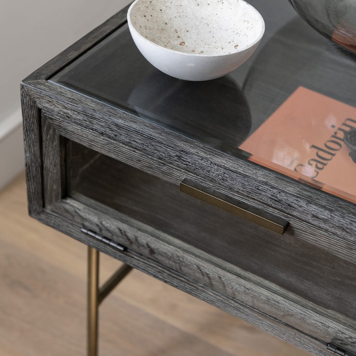 Hudson Side Table, Oak, Black Iron, Glass Top 