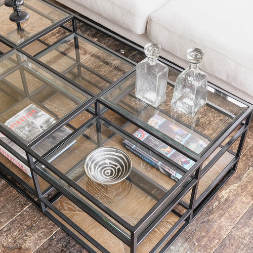 Industrial Oak & Glass Coffee Table with Iron Frame – Sleek Modern Design  