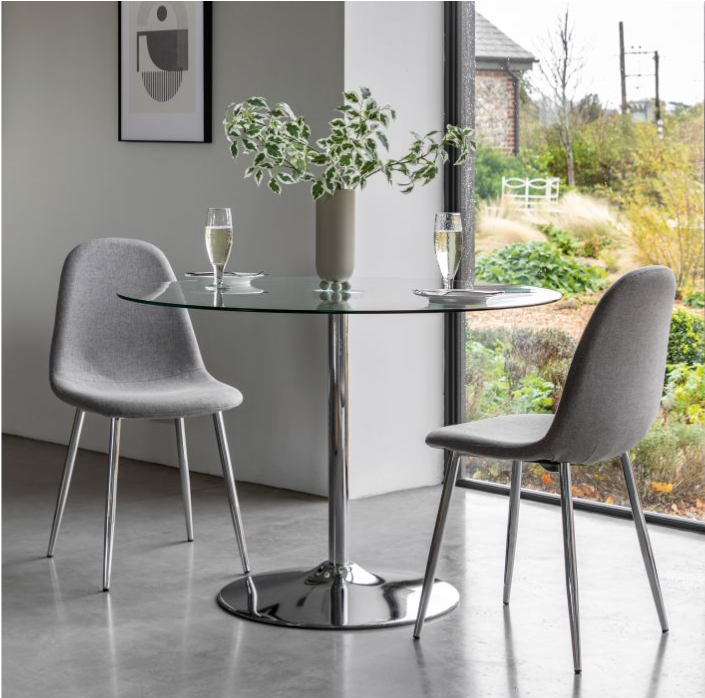 Fulton Round Contemporay Dining Table, Clear Glass, Chrome Base