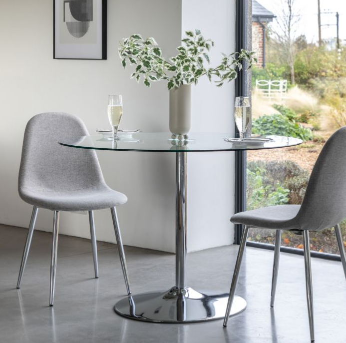 Fulton Round Contemporay Dining Table, Clear Glass, Chrome Base