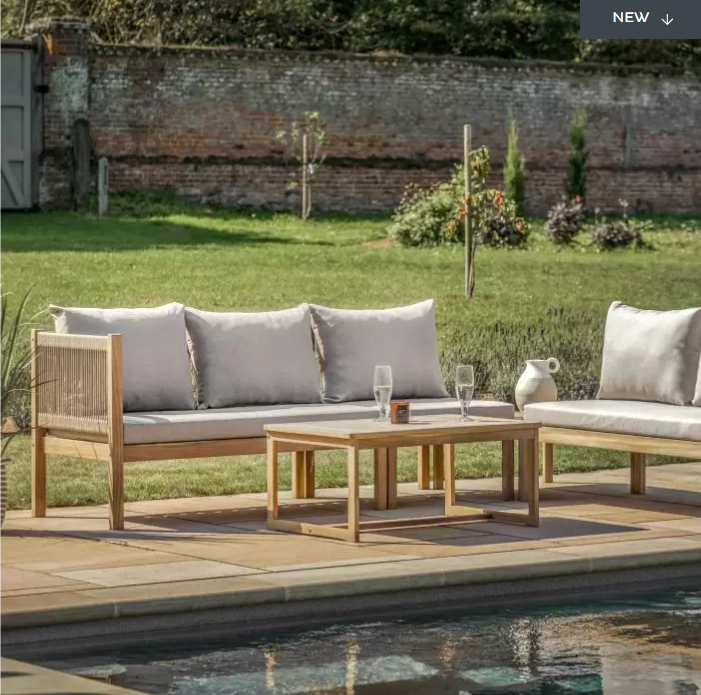 Kenton Garden Furniture Corner Lounge Set, Natural Acadia Wood, Grey Cushions ( Due Back In 22/01/25 )