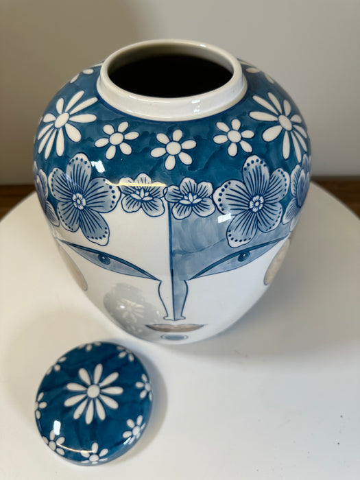 Sonama Ceramic Oriential Jar, Blue & White, Flowers & Face Design