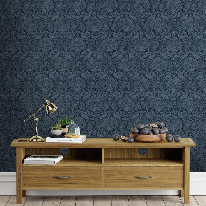 Laura Ashley Peacock Damask Wallpaper - Dusky Seaspray