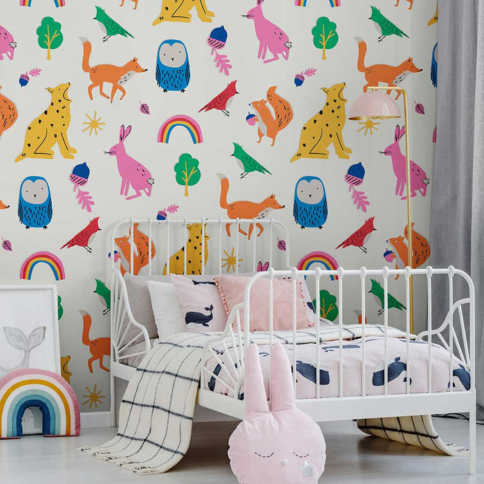 Wallpaper By Joules - Country Critters Heroes White / Rainbow