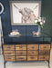 Rustic  Sideboard Cabinet, Wooden, Metal Frame, Haberdashery Display Counter, 12 Drawer, Glass Top 