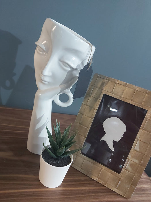 Decorative White Vase, Hand, Face Design