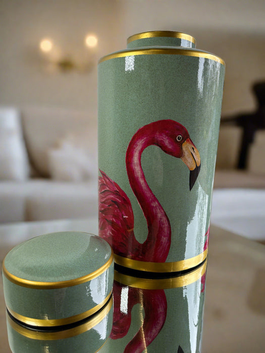 Green Pink Jar, Ceramic, Flamingo Design