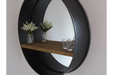 Industrial Metal Wall Mirror, Wooden Shelf, Black Frame