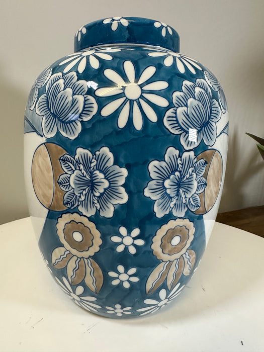 Sonama Ceramic Oriential Jar, Blue & White, Flowers & Face Design