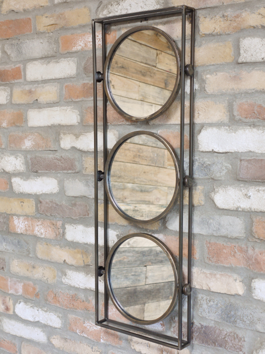 Industrial Metal Wall Mirror, Rectangle, Bronze Frame, Triple Circular