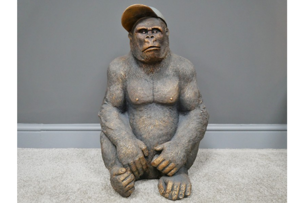 Decorative Sitting Gorilla With Baseball Cap In Aged Gold - Fun Home Decor