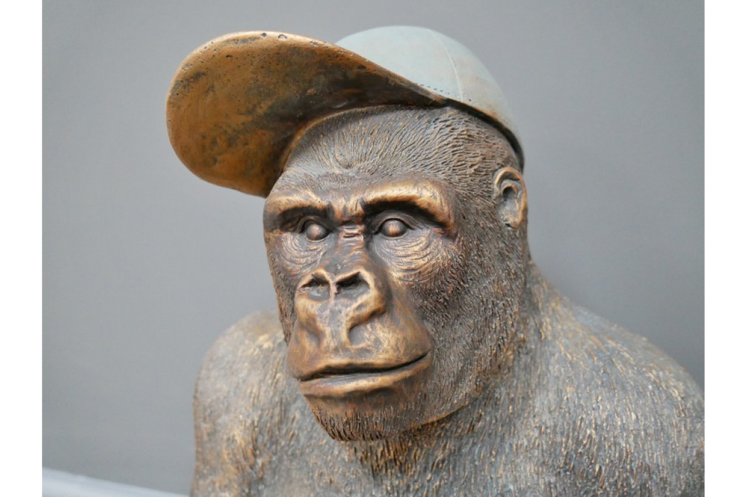 Decorative Sitting Gorilla With Baseball Cap In Aged Gold - Fun Home Decor