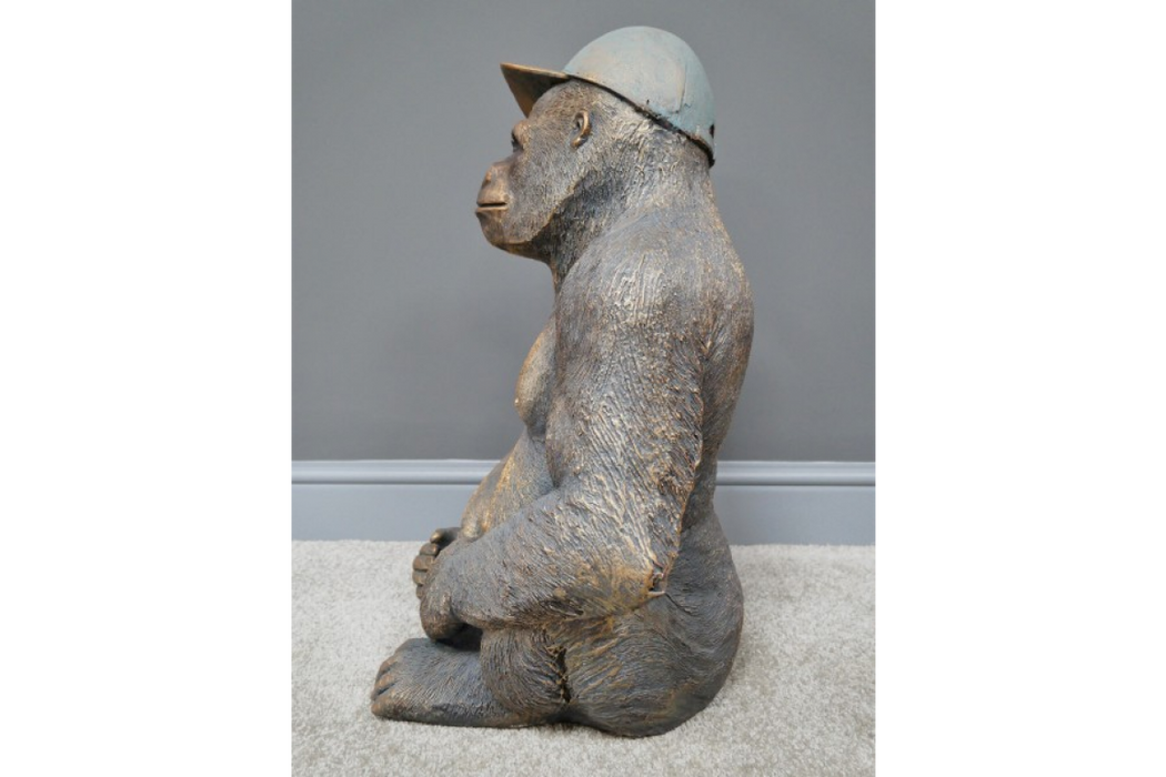 Decorative Sitting Gorilla With Baseball Cap In Aged Gold - Fun Home Decor