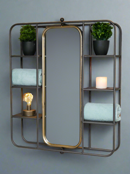 Metal Wall Mirror, Square Frame, Black Gold, Shelves 