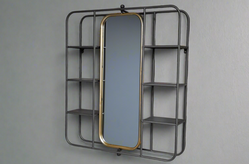 Metal Wall Mirror, Square Frame, Black Gold, Shelves 