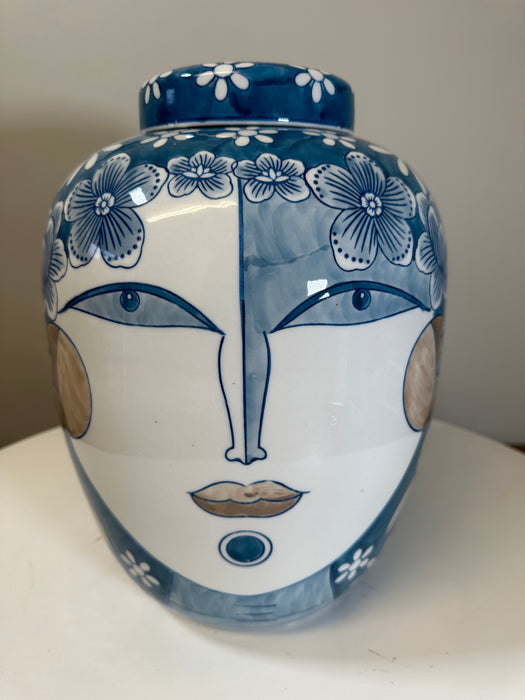 Sonama Ceramic Oriential Jar, Blue & White, Flowers & Face Design