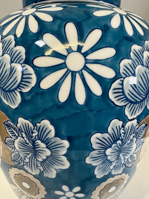 Sonama Ceramic Oriential Jar, Blue & White, Flowers & Face Design