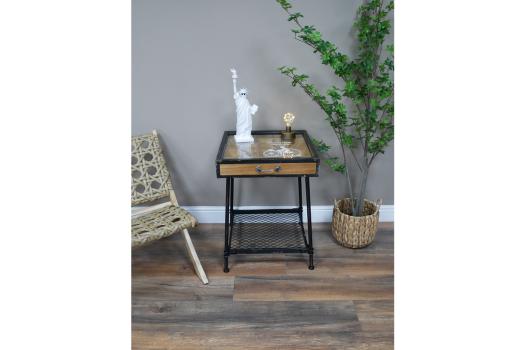 Rustic Display Side Table, Handy Storage, Black Metal, Wooden 1 Drawer, Glass Top