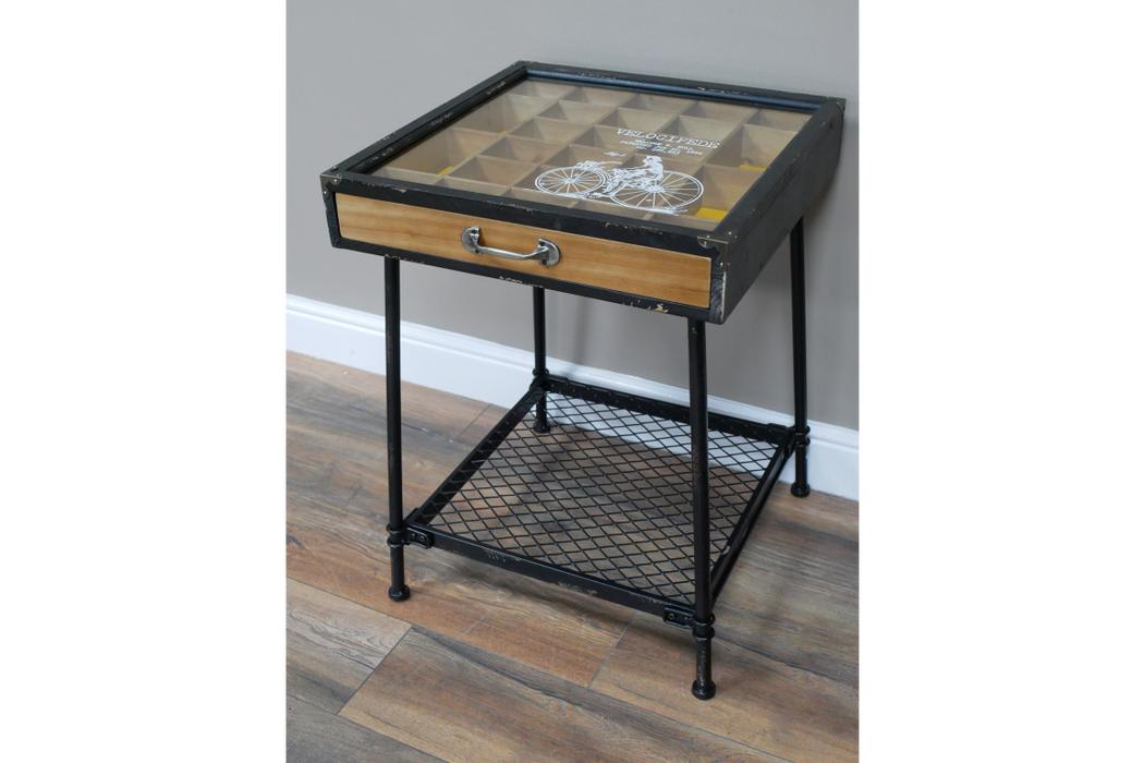 Rustic Display Side Table, Handy Storage, Black Metal, Wooden 1 Drawer, Glass Top