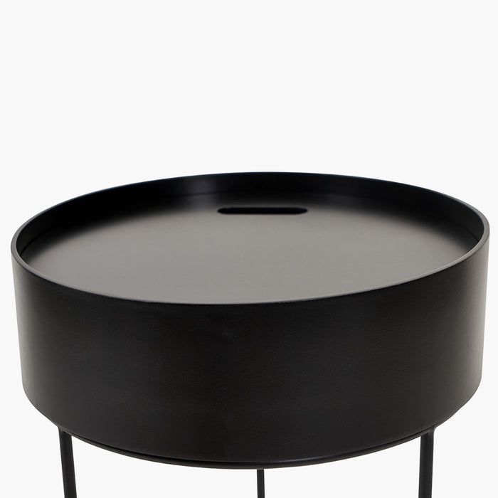 Black Metal & Wood Storage Side Table - 52 x 38 cm