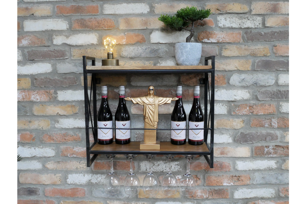 Wall Shelving / Wine Rack Finished In Black Metal & Mango Wood