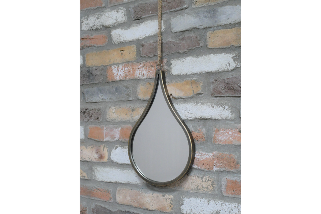 Elegant Distressed Gold Teardrop Hanging Mirror – Rustic Rope Accent & Compact Design