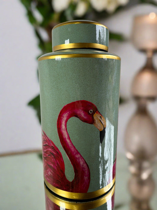 Green Pink Jar, Ceramic, Flamingo Design